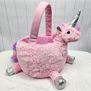Easter Basket Plush Unicorn Pink Purple White Silver Metallic Horn Hooves Lined
